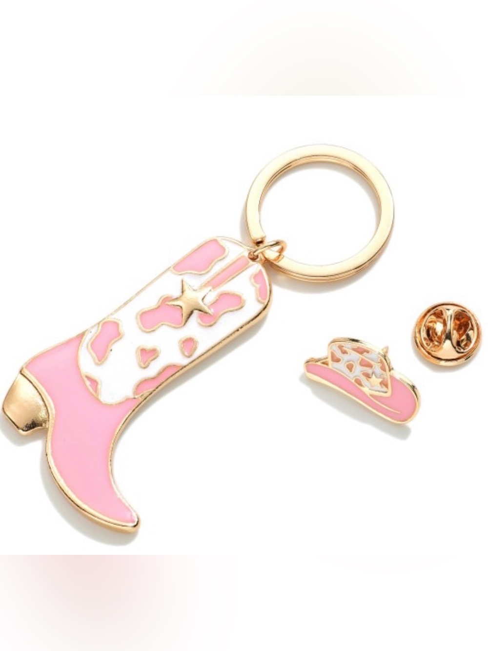 Gold Tone Enameled Pink Cowboy Boot Key Chain and Matching Cowboy Hat Pin